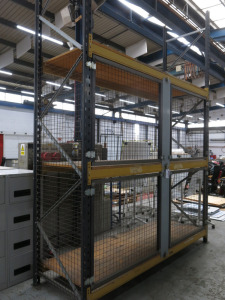 Caged Rack with 2 x Uprights, 6 x Crossbeams with Shelves & Caging Surround with 4 x Box Steel Lockable Doors. Size H400 x W280 x D90cm.