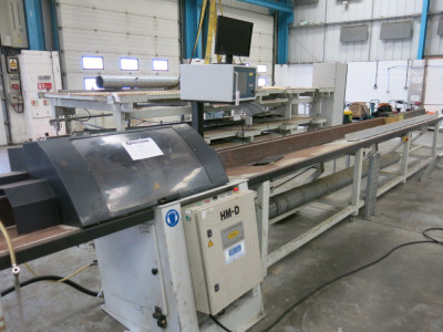 Houtbewerkings Machines (H & M) Specialist Heavy Duty Automatic Crosscutting Saw. Type HM-D, S/N 423, Year 2003, Saw Blade 550mm, Feed & Stop Tables, Programmable Industrial Controller, Approx 11m Overall. (As Viewed in Current Condition).