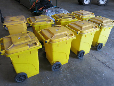 8 x Yellow Plastic Warehouse Bins, One Complete with Spill Kit.
