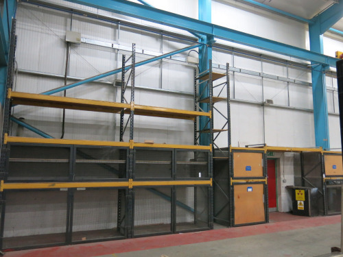 Caged Racking to Include: 4 x 5m Uprights, 3 x 250cm Uprights, 14 x 270cm Crossbeams, 8 x 140cm Crossbeams, Shelves, 4 x Lockable Storage Cabinets & 4 x 2 Door Lockable Storage Cabinets (As Viewed).