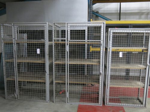 3 x Freestanding Lockable Warehouse Cages with Shelves to Include: 2 x Cages with Door (Size H206 x W124 x D80cm) & 1 x Cage with Door (Size H191 x W100 x D50cm). NOTE: no keys.