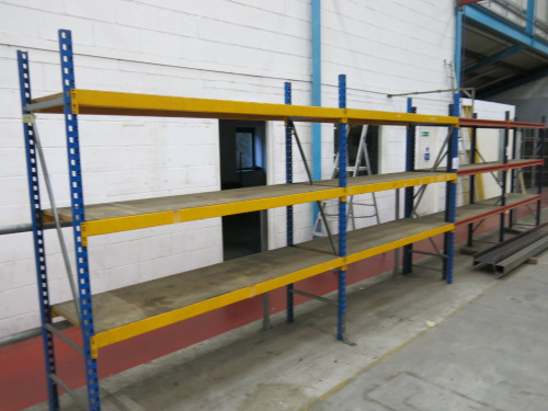 8 x Bays of Lightweight Boltless Racking to Include: 6 x Dark Blue Uprights with 36 x Orange Crossbeams (Size H200 x W190 x D50cm) & 6 x Blue Uprights with 36 x Yellow Crossbeams (Size H210 x W210 x D50cm). Comes with Shelves, Cupboard & Wire Reel Rack (A