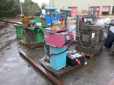 6 x Assorted Metal & Woodworking Machine's to Include: Kaltenbach Upcut Saw, Kaltenbach TL350 Upstroking Cold Saw, 2 x Pillar Drills, Table Saw & Horizontal Metal Band Saw. NOTE: machines as viewed, placed in scrap pile but condition unknown.