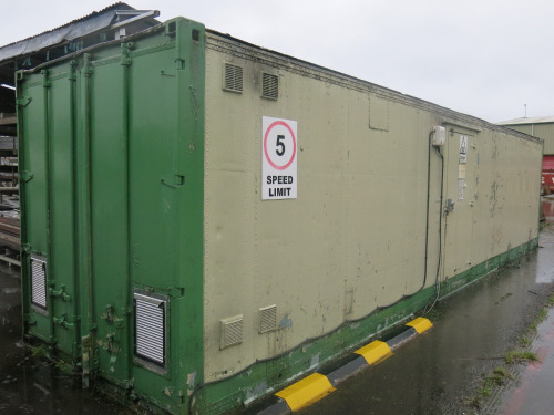 40ft Container Converted to Paint Room with Side Door, Power & Lined in Green/Cream.