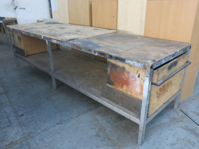 Boxed Steel Metal Frame Table with Ply Top, Shelf Under & Pull Out Drawers Either End, Size H97 x W375 x D100cm.