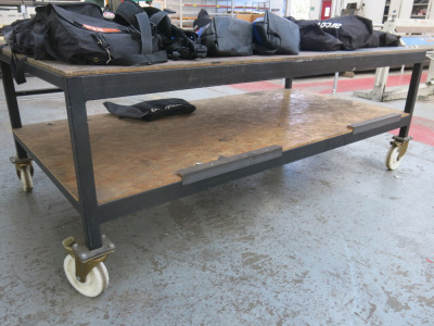 Mobile Boxed Steel Metal Frame Table with Ply Top & Shelf Under, Size H90 x W244 x D122cm. NOTE: contents not included.