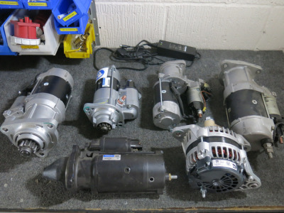 5 x Assorted Commercial Stater Motors, 1 x Alternator & Zimm 3 Phase Motor (As Viewed). LOCATED IN FRONT PLUMBING WORKSHOP SHED 1.