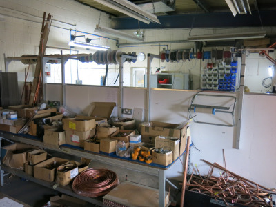 Contents of Plumbing Workshop & Wall Rack with Large Quantity of Assorted Copper, Brass & Other Pipe, Coil, Fittings, Radiators, Nuts, Bolts, Taps, Valves, Pressure Gauges, Reducers, Equal Connectors, Rapid Clips, Scrap Copper Bin & More (As Viewed). LOCA