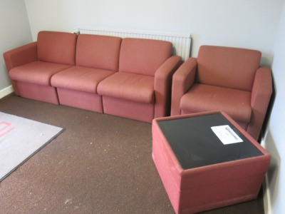 Reception Furniture to Include: 3 Piece Sofa, Armchair & Coffee Table in Red Fabric.