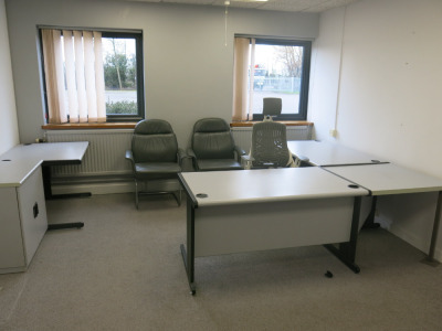 Office Containing 4 x Sections of Grey Desking, 2 Door Side Cabinet, 2 x Tambour Units, 2 x Cantilever Chairs & Merryfair Ergonomic Office Chair.