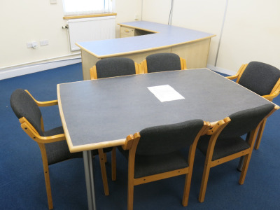 Office Containing Meeting Table with 6 x Wood Chairs, 2 Door Sideboard with Key & Large Reception/Desk with Pedestals & Key.