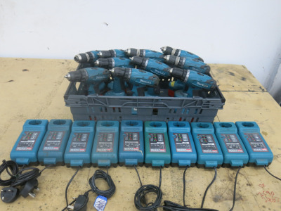 Crate Containing 10 x Makita Cordless Drills 6281D, 10 x Batteries & 10 x Chargers (As Viewed). Crate Not Included.