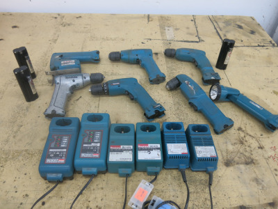 Crate Containing 6 x Makita Cordless Tools to Include: 3 x Drills, 1 x Angle Drill, 1 x Torch, 1 x Jigsaw, 9 x Batteries & 6 Chargers.(As Viewed). Crate Not Included.