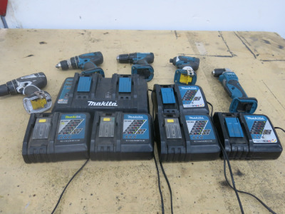 Crate Containing Quantity of Makita Cordless Hand Tools to Include: 3 x Drills, 1 x Impact Drill, 1 x Angle Drill, 5 x Chargers DC18RC & 1 x Double Charger DC18RD. NOTE: requires batteries. Crate Not Included.