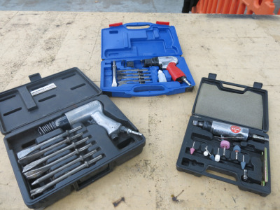 3 x Assorted Air Tools to Include: 1 x Ingersoll Rand Chisel Set, 1 x Sealey Chisel Set, 1 x Kobe Polishing Set