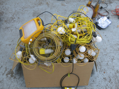 7 x Reels of Briticent Site Electric Festoon Lights, 110v with 1 x Extension Reel 110v & 1 x Defender Light 110v.