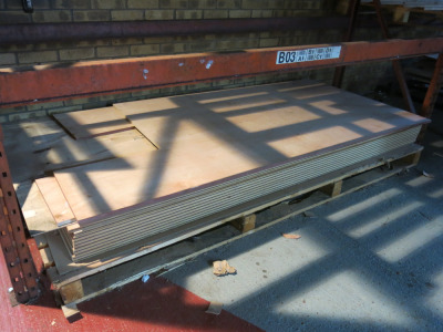 30 x Sheets of Plywood to Include: 10 x 25mm 8ft x 4ft, 10 x 10mm x 8ft x 4ft (Layered Board) & 10 x 20mm Half Cut Boards. LOCATED ON RACKS BETWEEN SHED 1 & 2).