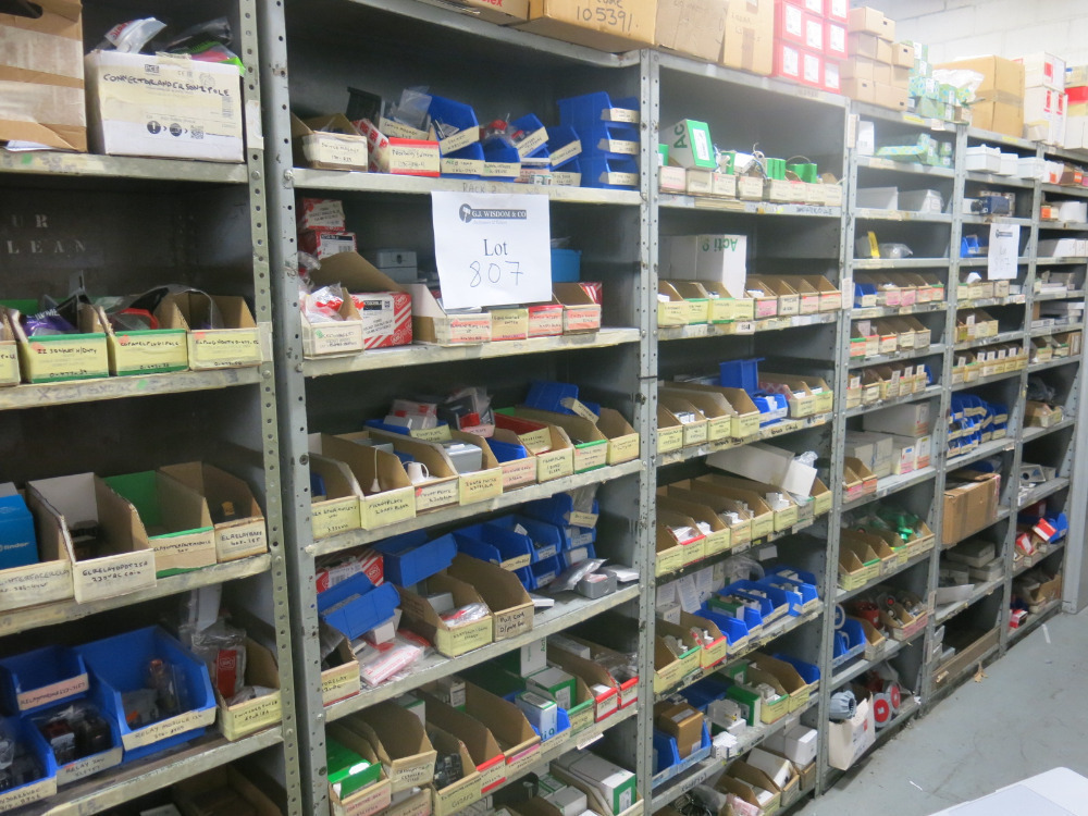 8 x Bays of Racking & 3 Shelves to Rear with Assorted Electrical Spares ...