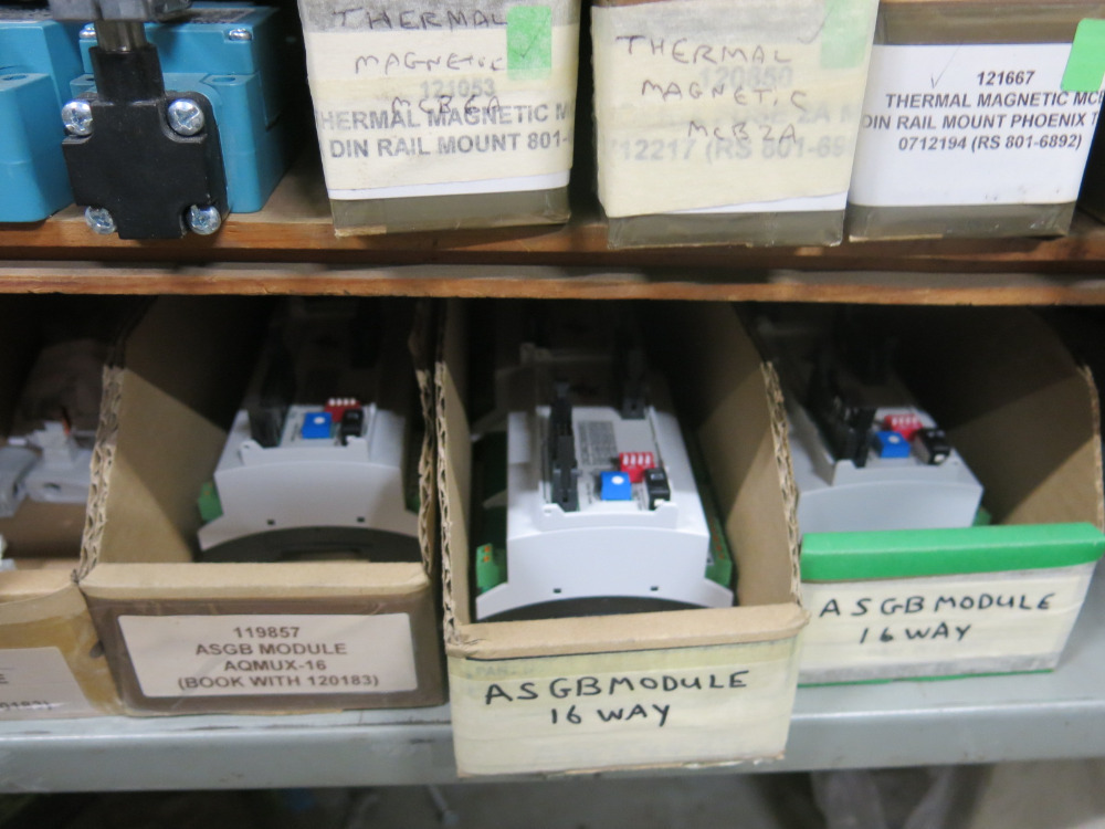 8 x Bays of Racking & 3 Shelves to Rear with Assorted Electrical Spares ...