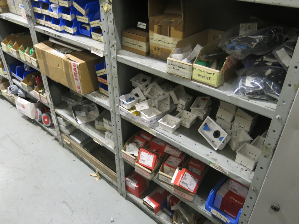 8 x Bays of Racking & 3 Shelves to Rear with Assorted Electrical Spares ...