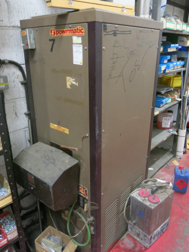 Powrmatic Oil Fired Factory Space Heater, Model CP0100, S/N 1WM12 with MU-WAY Burner. NOTE: buyer to disconnect & leave good (LOCATION STORES SHED 1).