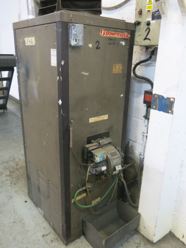 Powrmatic Oil Fired Factory Space Heater, Model CP0100, S/N 1WM09 with MU-WAY Burner. NOTE: buyer to disconnect & leave good (LOCATION SHED 1).