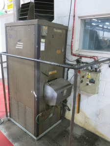 Powrmatic Oil Fired Factory Space Heater, Model CP0100, S/N 1WM17 with MU-WAY Burner. NOTE: buyer to disconnect & leave good (LOCATION SHED 1).