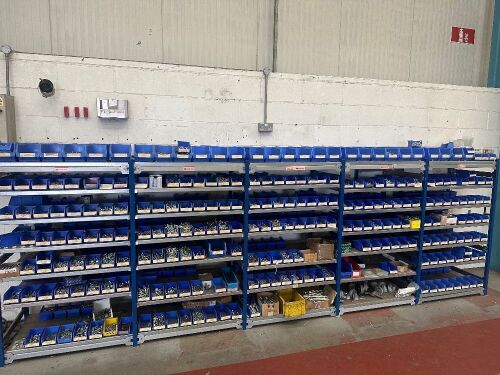 5 x Bays of Blue Parts Racking with Approx 260 x Lin Bins of Fixings, Screws, Nuts, Bolts, Washers & Pop Rivets (As Viewed).