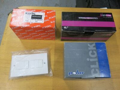 2 x Boxes Containing 15 x Klite Shaver Sockets, Klite Data Sockets, 3 x Packs 54 Gang 2 Way Switches, 4 x 6 Gang Switches, 6 x Phone Sockets, 2 x Boxes Wiring Accessories (As Viewed/Pictured).