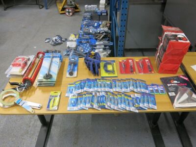 Box Containing Selection of Assorted Tools, to Include: 3 x Ear Defenders, 5 x Mitres, 2 x Angle Drivers, 1 x Steel G Clamp, 1 x Metal Filter Wrench, 5 x Adjustable Basin Wrenches, 2 x Plumb Holders & Plumb Bobs, 1 x Silicon Gun, 5 x Emmersion Heater Span