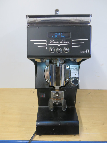 Victoria Arduino Coffee Grinder, Model Mythos 1, S/N RC001162719536, DOM 06/2016. Comes with Knock Out Box.