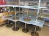 16 x Tin Wrapped Dining Tables on Single Pedestal to Include: 13 x H76 x W62 x D62cm, 2 x H76 x 120 x 62cm & 1 x H76 x W100 x D62cm. NOTE: 1 table require repair (As Viewed/Pictured).