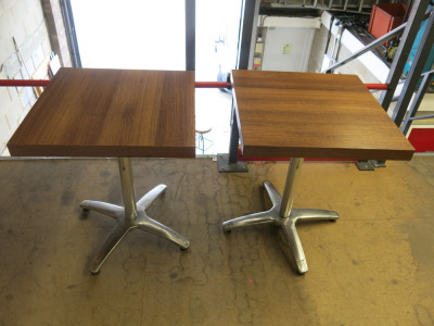 2 x Wooden Top Tables with Chrome Single Metal Pedestal, Size H75 x W60 x D60cm.