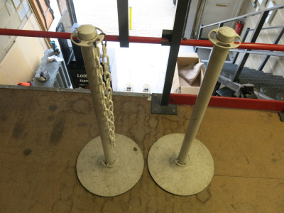 Pair of White Crowd Barrier Posts with Heavy Metal Bases.