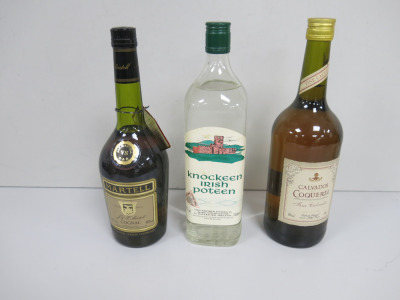 3 x Bottles of Spirit to Include: 1 x Martell Cognac 68cl, 1 x Bottle Knockkeen Irish Poteen 1 Litre & 1 x Calvados Coquerel 100cl