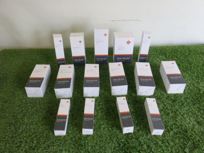15 x Assorted Environ Professional Products to Include: 1 x Peel Off Alginate Masque, 2 x Derma Lac Lotion, 1 x Cleansing Gel, 1 x Pre Cleansing Oil, 3 x Conductive Gel, 1 x Eye Make Up Remover, 1 x Essential Moisturiser, 1 x Treatment Gel & 4 x Assorted 