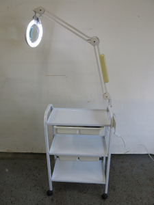 3 Shelf White Trolley with Magnifying Lamp.