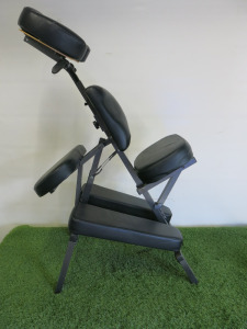 Portable Adjustable Massage Chair on Light Weight Steel Frame and Upholstered in Black Faux Leather.