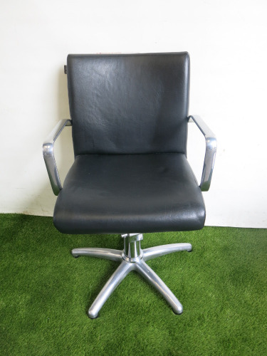 REM Hydraulic Salon Styling Chair Upholstered in Black Faux Leather with 5 Spoke Chrome Base.