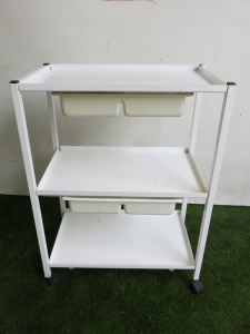 3 Shelf Metal White Trolley with 2 Drawers on Castors.