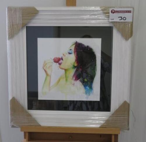 Framed & Glazed Print of Lady Eating a Strawberry by Murciano 2014. Size 22 x 22cm