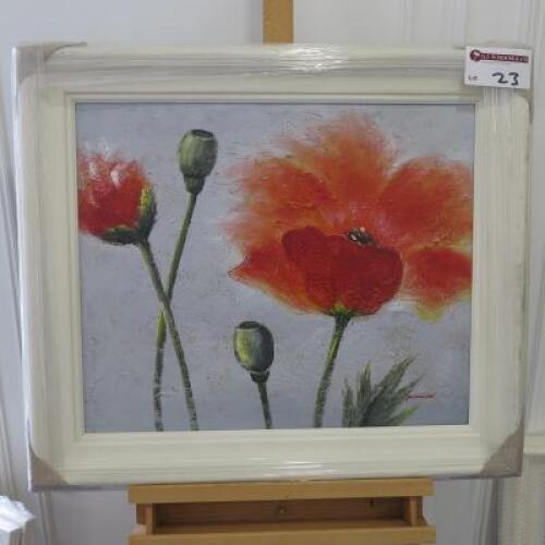 Framed Oil Canvas Print of Red Flowers & Buds. Poulin. Size 65 x 75cm