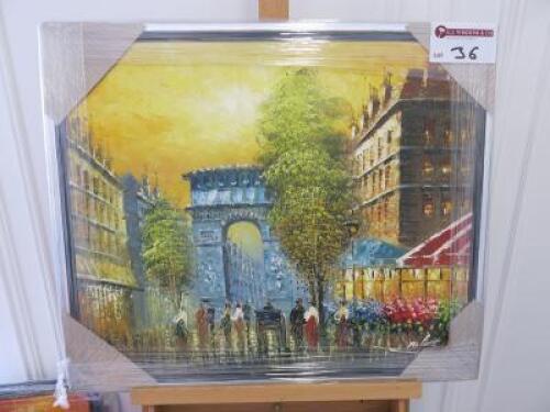 Framed Oil Canvas Print of Arc Du Triomphe. Size 57 x 66cm