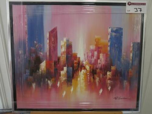 Framed Oil Canvas Print of Abstract City Skyline. Richardson. Size 57 x 66cm