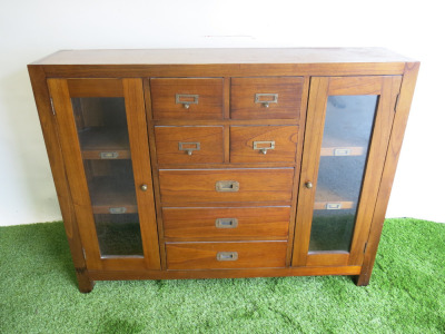 Guildhall Solid Wood & Glass Fronted Side Board with 2 Doors & 7 Drawers. Size H89 x W115 x D27cm.