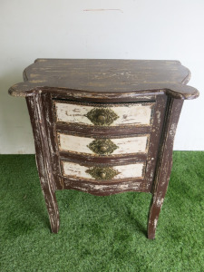 Distressed Wood 3 Drawer Nightstand with Brass Knobs. Size H76 x W62 x D38cm.