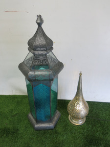 Large Moroccan Style Glass Lantern, Size H94cm & Moroccan Style Lamp, Size H56cm.