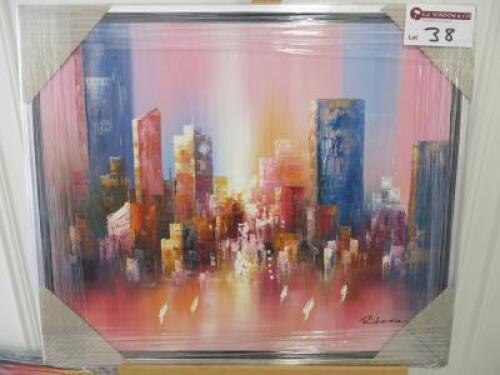 Framed Oil Canvas Print of Abstract City Skyline. Richardson. Size 57 x 66cm