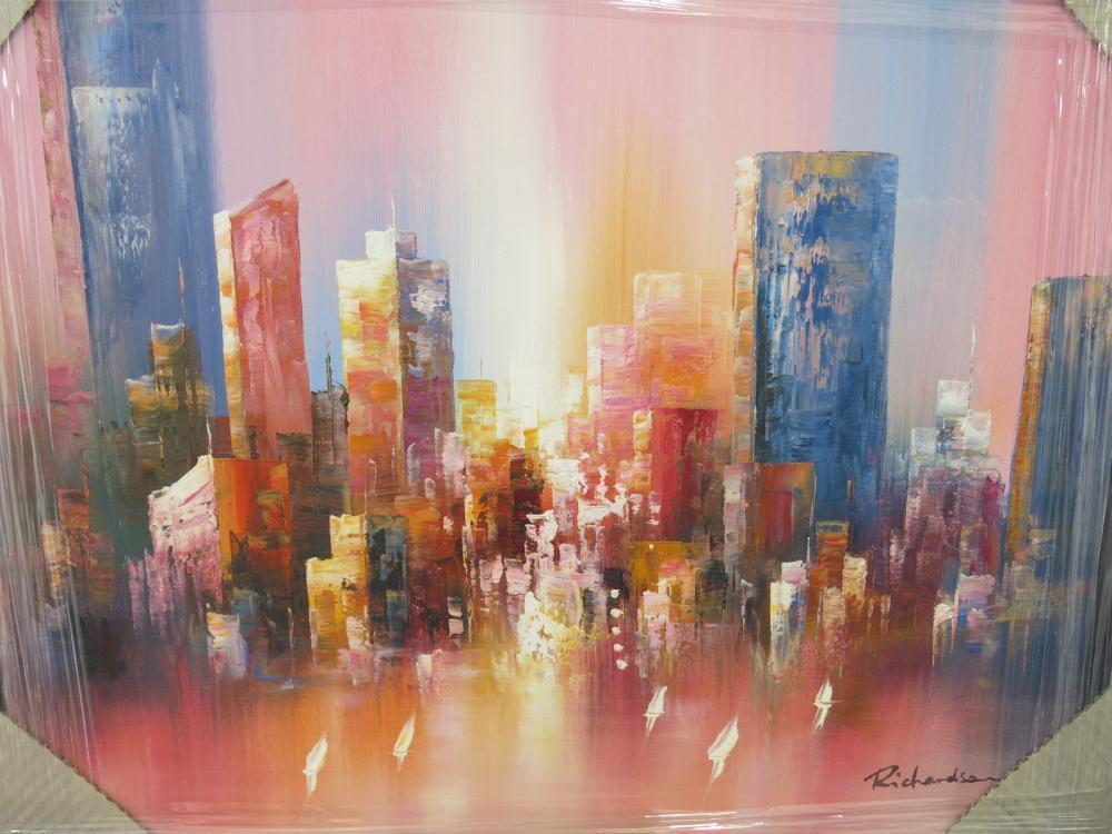 Framed Oil Canvas Print of Abstract City Skyline. Richardson. Size 