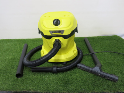 Karcher Wet & Dry Vacuum Cleaner, Model WD2 Plus, S/N 109192. Comes with Attachment (As Viewed/Pictured). NOTE: missing 1 x castor.